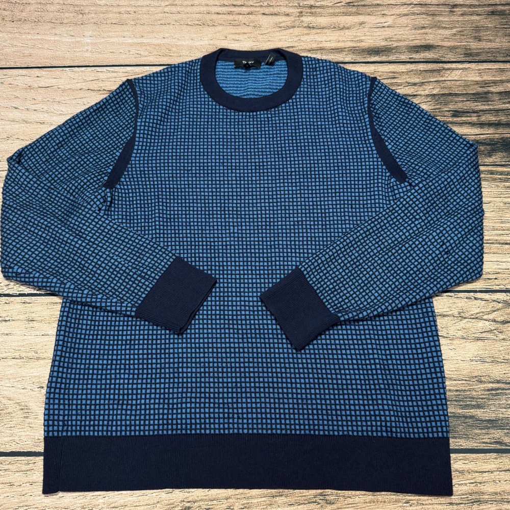Theory Sweater Mens Large Blue Maden Crew Merino Wool Grid Check Knit Pullover